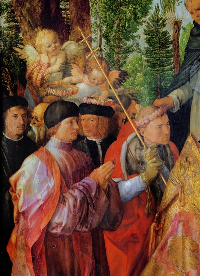 La Fête des jardins de roses, détail à gauche : prière, 1506 - Albrecht Dürer